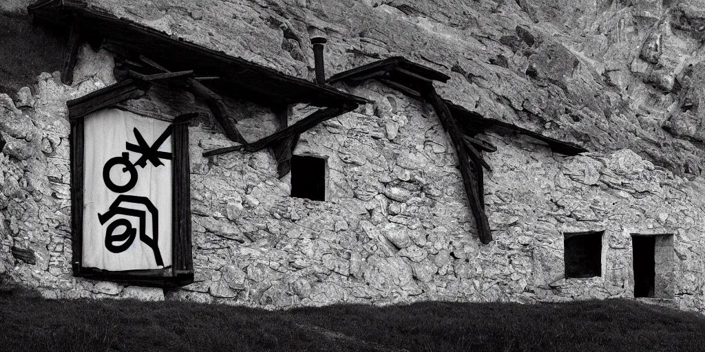 Prompt: photography of a wall with alpine farmer tools in shape of occult signs hanging down, old hut, alp, dolomites, alpine, detailed intricate insanely detailed octane render, 8k artistic 1920s photography, photorealistic, black and white, chiaroscuro, hd, by David Cronenberg, Raphael, Caravaggio