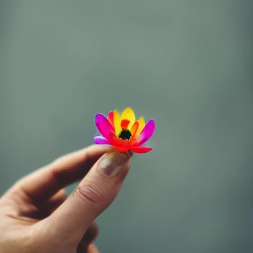 Image similar to closeup photo of rainbow - colored flower with 7 petals, held by hand, shallow depth of field, cinematic, 8 0 mm, f 1. 8