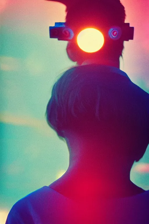 Prompt: agfa vista 4 0 0 photograph of a skinny guy on a spaceship, futuristic, synth vibe, vaporwave colors, lens flare, flower crown, back view, moody lighting, moody vibe, telephoto, 9 0 s vibe, blurry background, grain, vintage, tranquil, calm, faded!,