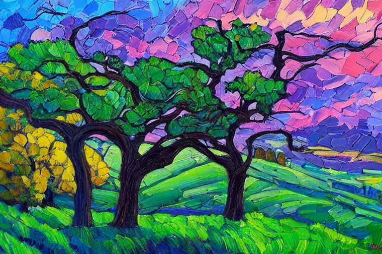 Prompt: masterpiece painting of oak trees on a hillside overlooking a creek, dramatic lighting, by erin hanson