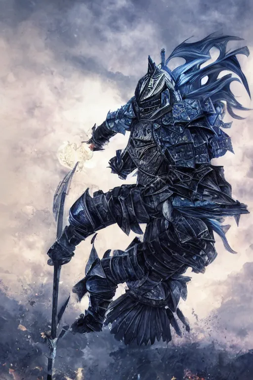 Image similar to a full body shot of an azure knight warrior by Kentaro Miura, Wolf themed armour, colored by Ronda Pattison, heavy armor, kingdom under fire in the background, dark colors, highly detailed, trending on artstation, CGsociety, exquisite detail, post-processing, masterpiece, volumetric lighting, cinematic, hypermaximalistic, high details, cinematic, 8k resolution, beautiful detailed, insanely intricate details