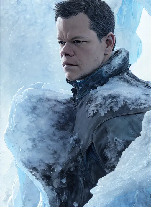 Prompt: character design by james jean, jakub rebelka, tran nguyen, yoann lossel, wadim kashin ( ( ( portrait of matt damon as ice man from xmen ) ) ) emerging from a frozen temple, sharp edges. ultra clear detailed. 8 k. ultra detailed, majestic, intricate