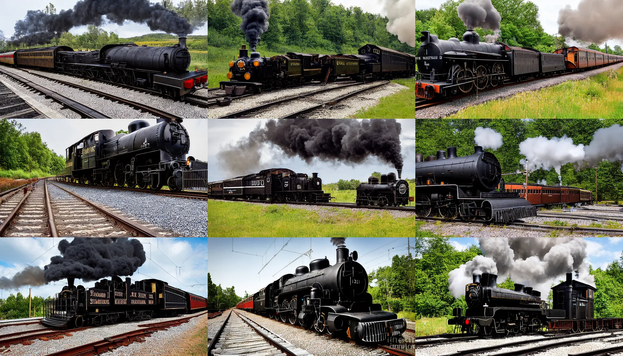 Prompt: restored black steam locomotive travelling on train tracks, photograph