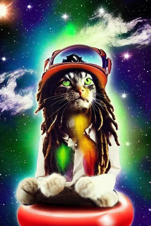 Image similar to A Bob Marley cat floating in space with cannabis