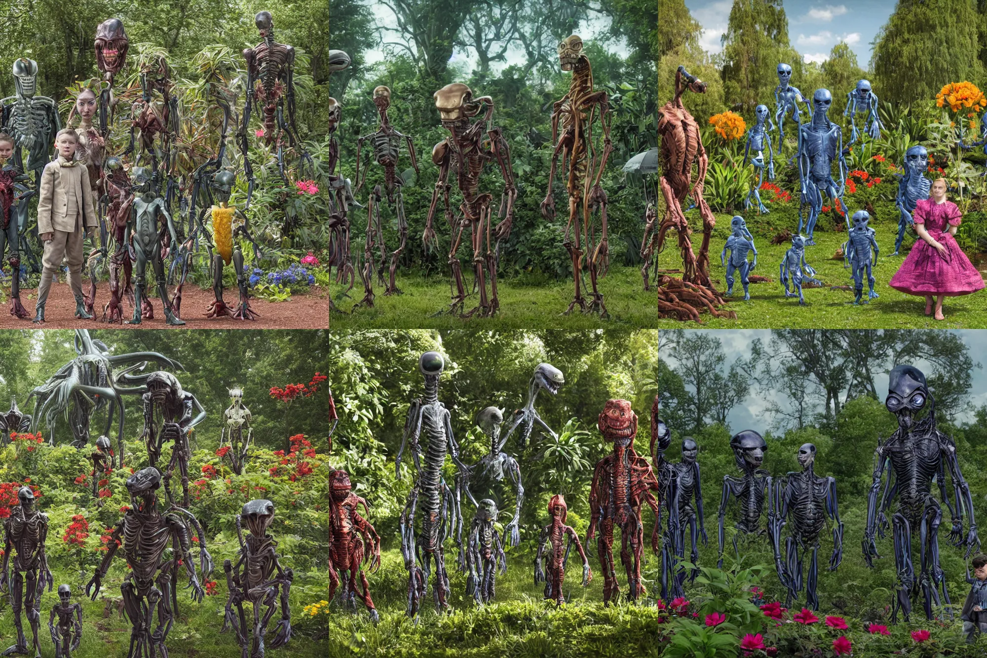 Prompt: sharp, highly detailed, 1612800mm film still from a sci fi blockbuster color movie made in 2019, set in 1860, of a human family standing in a park, next to some alien plants and flowers, their pet humanoid alien is standing behind them, on an alien planet, the family are all wearing 1860s era clothes, good lighting, good photography, ultra high definition, in focus