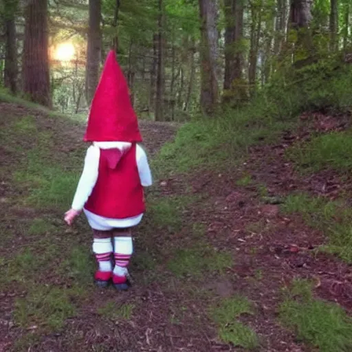 Prompt: bad quality screenshot of a leaked video of a small person dressed as gnome looking at me at a forest trail, photo taken from far away, night time, bright camera flash, camera shaking, disturbing, very scary, realistic, very disturbing, ultrarealistic, 480p, scary