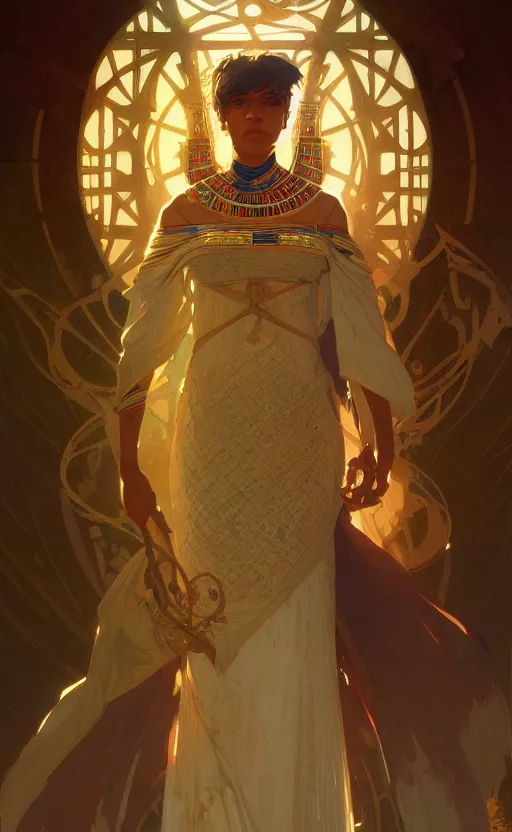 Image similar to a personification of the country egypt, highly detailed, digital painting, artstation, concept art, sharp focus, illustration, art by greg rutkowski and alphonse mucha