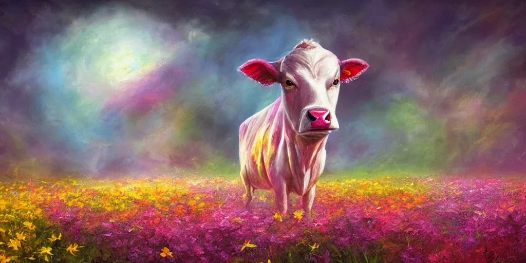 Prompt: fantasy artwork of a cow in a field of glowing flowers