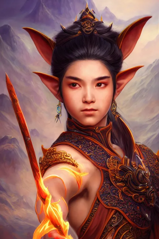 Image similar to a masterpiece portrait of nezha, young elf prince holding spear, flame everywhere, epic pose, fantasy character portrait, closeup shot, hyper detailed, digital painting, 8 k realistic, trending on artstation, sharp focus, dof, by fenghua zhong, artgerm, ne zha from smite, jeff easley, raymond swanland