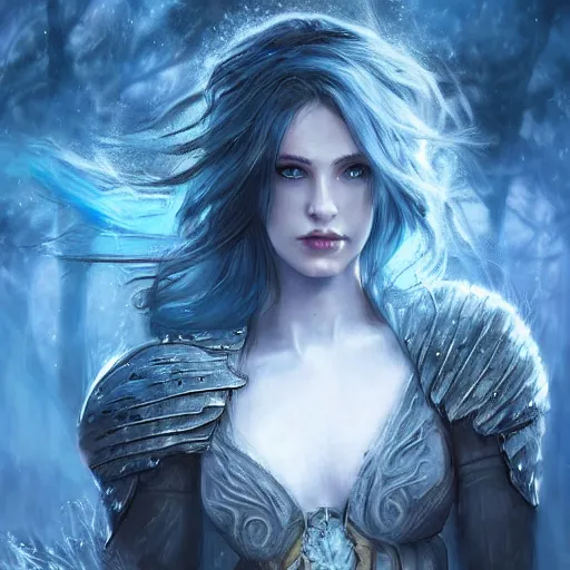 Image similar to the picture of a beautiful woman knight, blue eyes, fire forged hair, epic fantasy art, mystical, mystic atmosphere, mythology, photo realistic, high detail, ultra realistic, hyper realistic, high definiton, 4 k uhd,