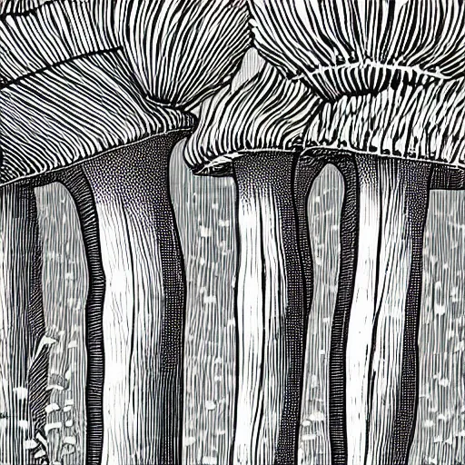 Prompt: psychedelic mushroom with long stem, black and white illustration