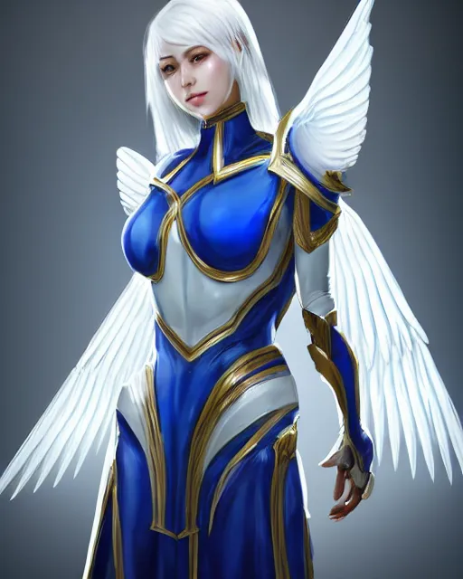 Image similar to perfect white haired attractive egyptian goddess with huge white dove wings, warframe armor, beautiful, symmetric, dreamy, half asian, pretty face, blue eyes, detailed, scifi platform, laboratory, experiment, 4 k, ultra realistic, epic lighting, android body, illuminated, cinematic, masterpiece, art by akihito tsukushi, voidstar