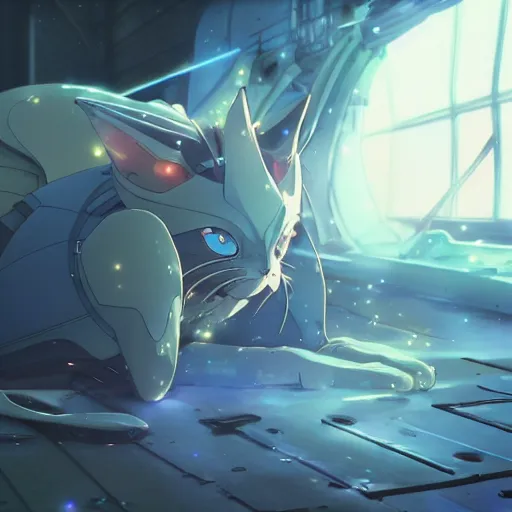 Image similar to an anime alien space cat sleeping on a mechanics workbench in a spaceport in a musical fantasy space opera ghibli animated film, volumetric lighting, octane render by stanley artgerm lau, greg rutkowski, studio ghibli, alphonse mucha, loish, norman rockwel, highly detailed, warm lighting, lens flare - w 7 0 4