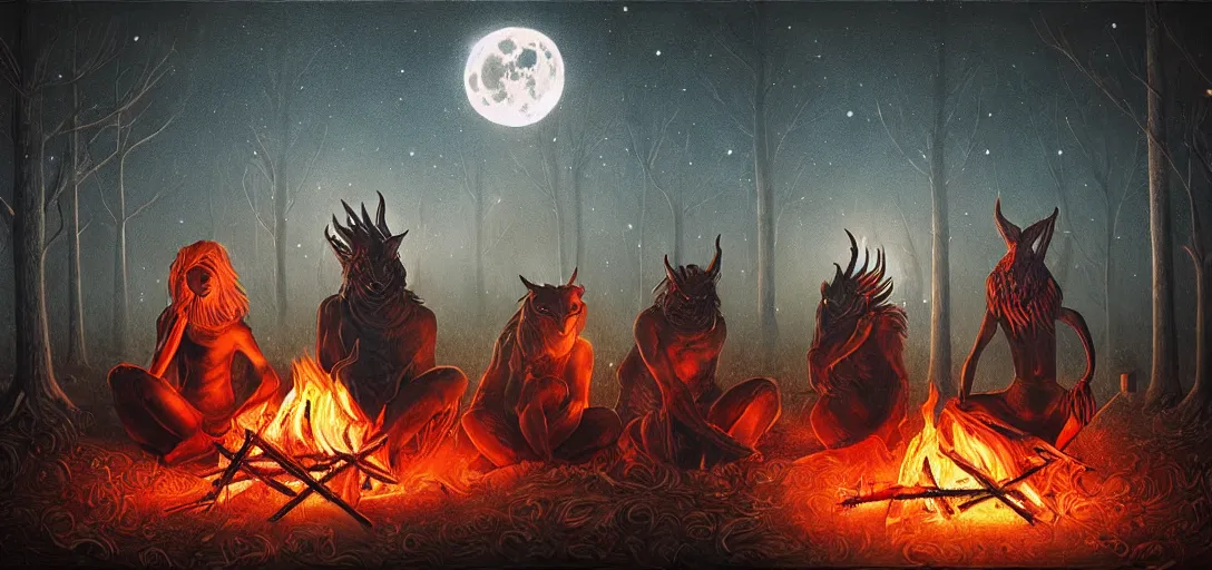 Image similar to strange mythical beasts of sitting around a fire under a full moon, surreal dark uncanny painting by ronny khalil