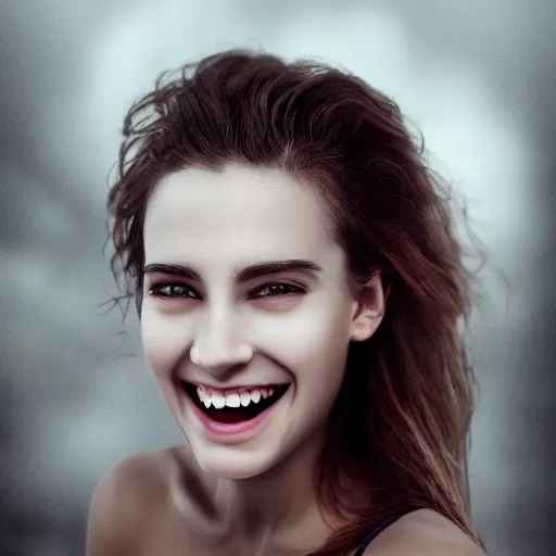 Prompt: cinematic shot of a vampire young woman smiling, epic portrait, hyper realistic, detailed face, seduction, pretty, hyper detailed, super realistic, perfect lighting pixel sorting, style sheet