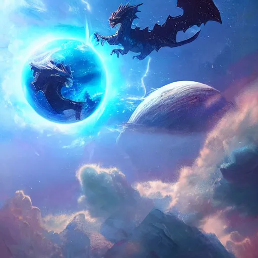 Prompt: Blue scaled dragon devouring an earth like planet while flying in space, sun system, nebula, digital art by Greg Rutkowski