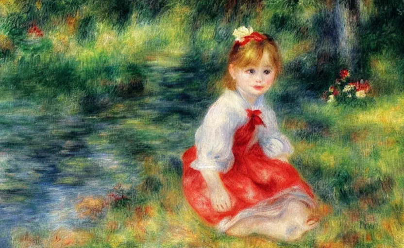 Prompt: a beautiful little girl, just vicky, wearing white cloths, and a red bow in her hair, playing with the water, sitting by the side of a creek, in the painting style of renoir, 8 k, detailed, rule of thirds