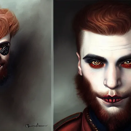 Prompt: fantastic close up portrait of a ginger pale vampire police officer with short hair and a patchy beard, highly detailed, face in focus, sharp focus, art by tom bagshaw and manuel sanjulian