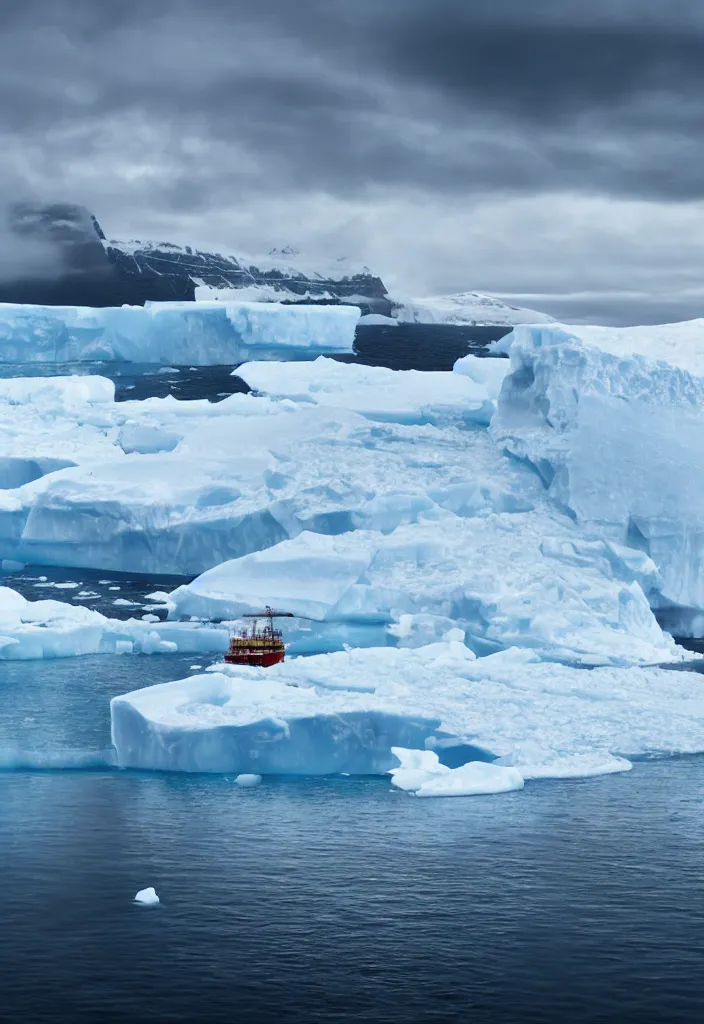 Image similar to ship being persecuted by a police ship over raging turbulent waters in antartica, icebergs in the background, hyper realistic, highly detailed, apocalyptic, intimidating lighting, raytracing, sharp focus, smooth, dramatic action scene