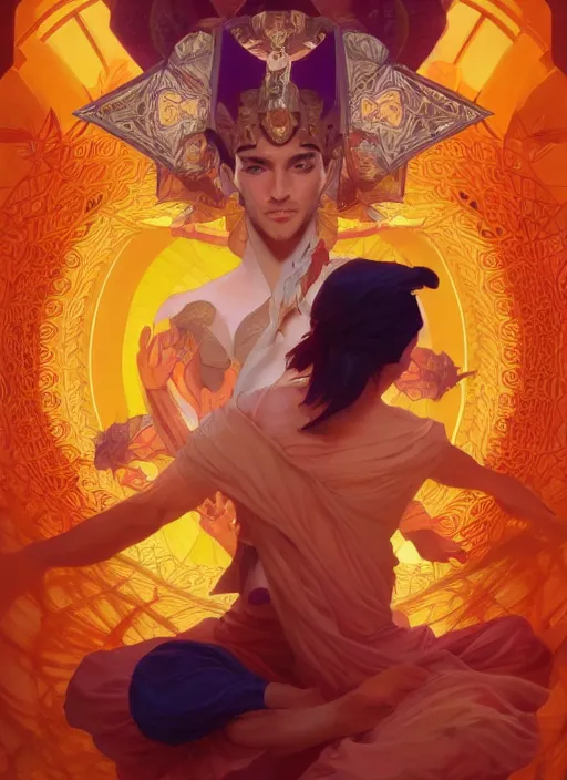 Image similar to symmetry! portrait of aladdin, orange spike aura in motion, floating pieces, painted art by tsuyoshi nagano, greg rutkowski, artgerm, alphonse mucha, spike painting