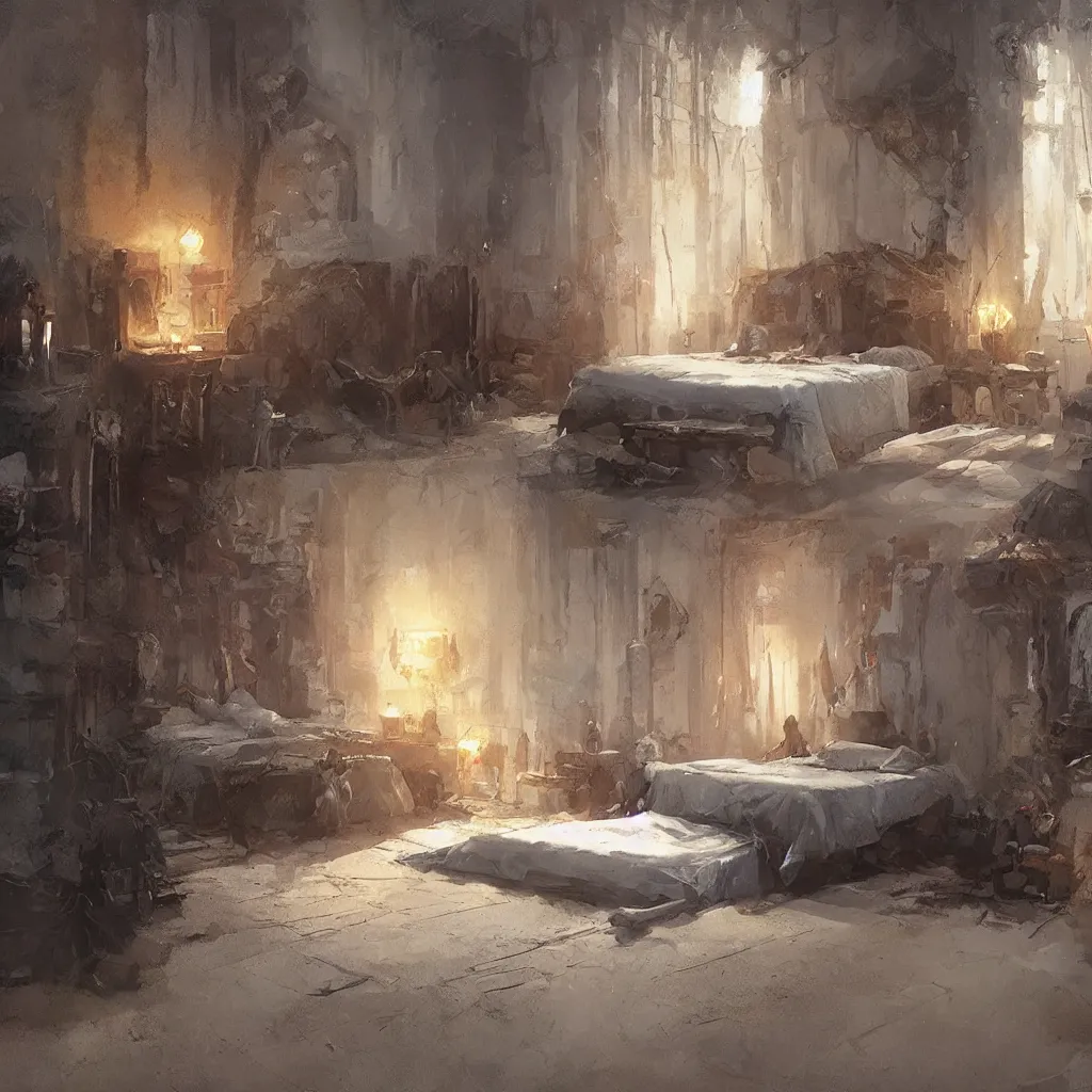 Prompt: a bed on stand in a magical area, by greg rutkowski