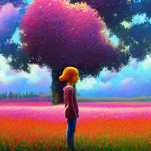 Prompt: girl merging with flower, standing in a flower field, big trees, sunrise dramatic light, impressionist painting, colorful clouds, digital painting, pointillism, artstation, simon stalenhag
