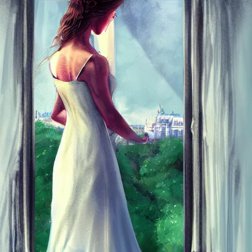 Image similar to a woman in an open dress royal dress looking out a castle window, ArtStation trending, detailed, digital art, calm colors,