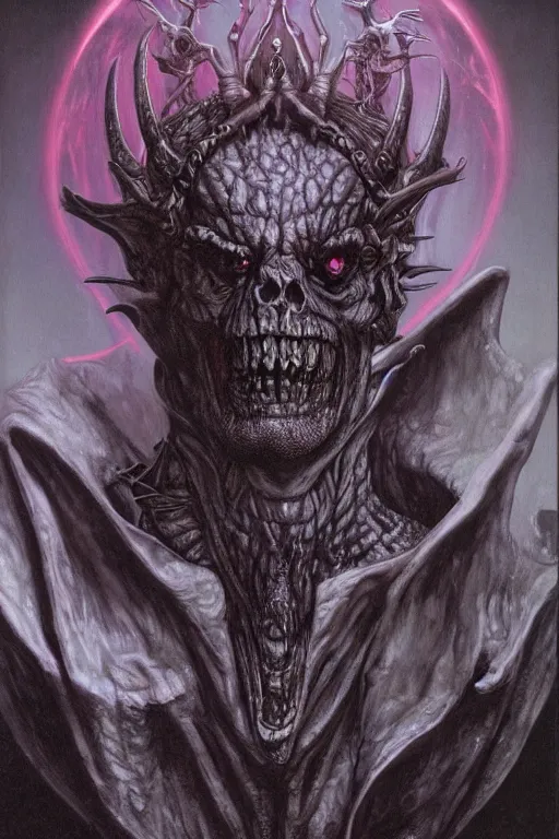 Prompt: portrait of vecna, drizzt, strahd von zarovich, sanguinius, asmodeus, orcus combined, painted by wayne barlowe