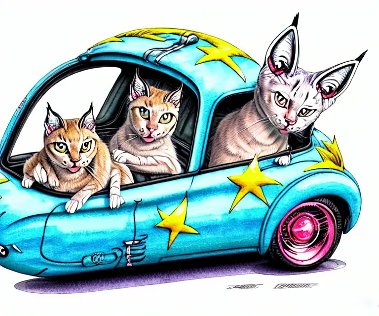 Image similar to cute and funny, lynx point siamese wearing a helmet riding in a hot rod with an oversize engine, ratfink style by ed roth, centered award winning watercolor pen illustration, isometric illustration by chihiro iwasaki, edited by range murata, tiny details by artgerm and watercolor girl, symmetrically isometrically centered, sharply focused