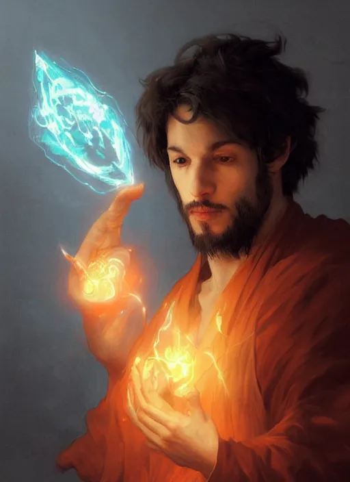 Image similar to character concept portrait of an attractive young focused Spanish wizard with pale orange skin conjuring an burning spell, a floating iridescent spell book in the center, intricate, elegant, digital painting, concept art, smooth, sharp focus, illustration, from Metal Gear, by Ruan Jia and Mandy Jurgens and William-Adolphe Bouguereau, Artgerm