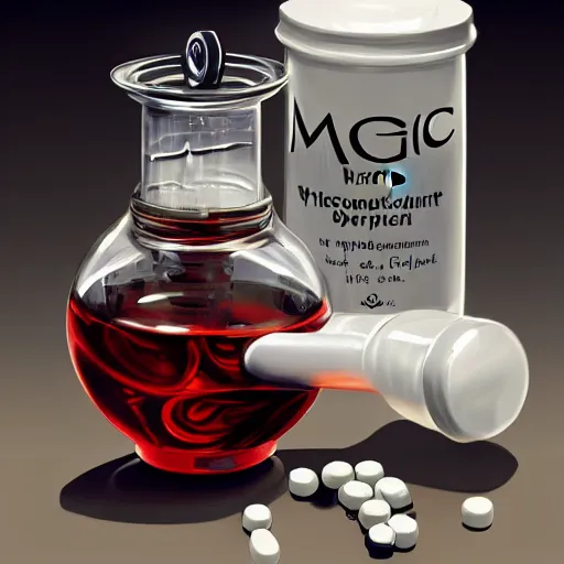 Image similar to concept art of magic dietary supplement in a transparent modern rounded bottle filled with white liquid, black top, by gil elvgren, white tones, white background, digital painting, artstation, concept art, smooth, sharp foccus ilustration hq