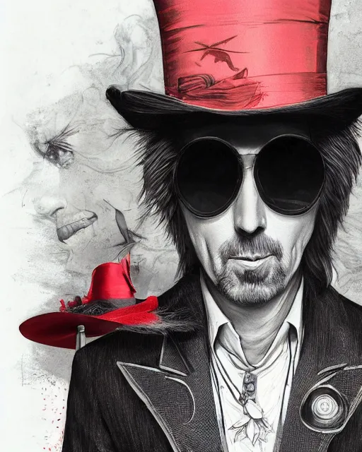 Image similar to tom petty as the mad hatter, contrast, kim jung gi, greg rutkowski, zabrocki, karlkka, jayison devadas, trending on artstation, 8 k, ultra wide angle, zenith view, pincushion lens effect