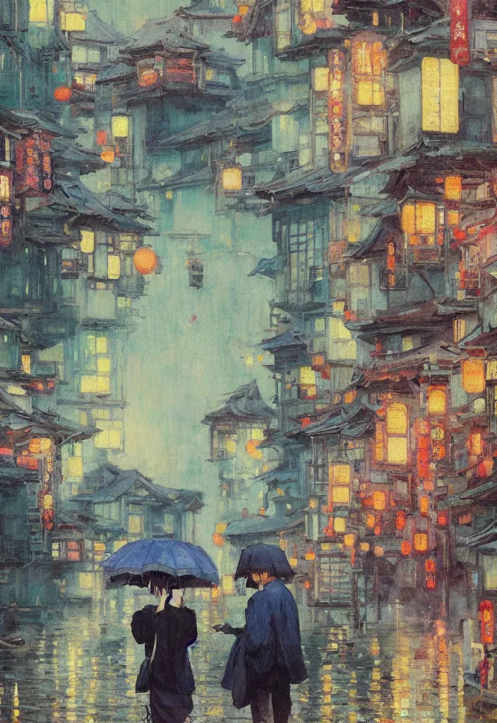 Image similar to a beautiful japanese city near the sea, ryokans and edo era houses, cyberpunk, lofi vibe, colorful, oil painting in impressionist style, by jeremy lipkin, john berkey, claude monet, dino valls, by makoto shinkai, multiple brush strokes, inspired by ghibli, masterpiece