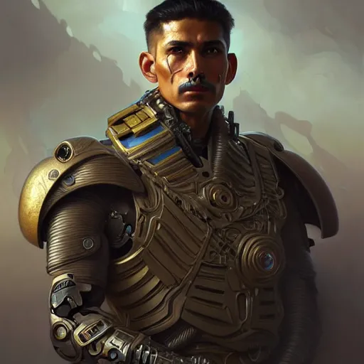 Image similar to ultra realistic illustration, a mexican male cyborg soldier, intricate, elegant, highly detailed, digital painting, artstation, concept art, smooth, sharp focus, illustration, art by artgerm and greg rutkowski and alphonse mucha