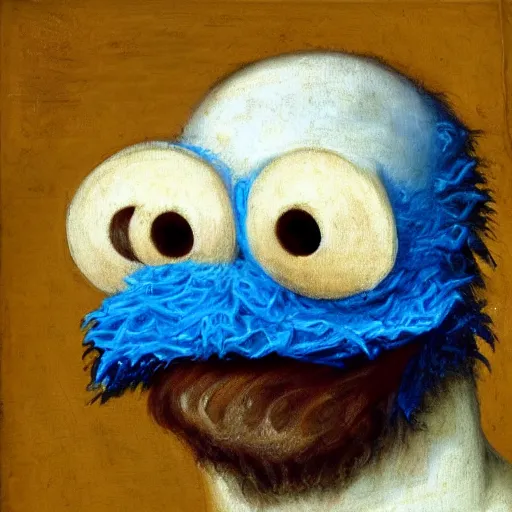 Prompt: Renaissance oil painting of cookie monster