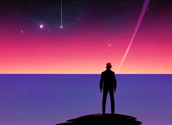 Image similar to dark silhuette of a man standing on a gray dull cliff looking out into a colorful cosmos, clouds, stars, rings, beautiful lighting, vivid colors, intricate, elegant, art by syd mead, terada katsuya, atey ghailan, svetlin velinov