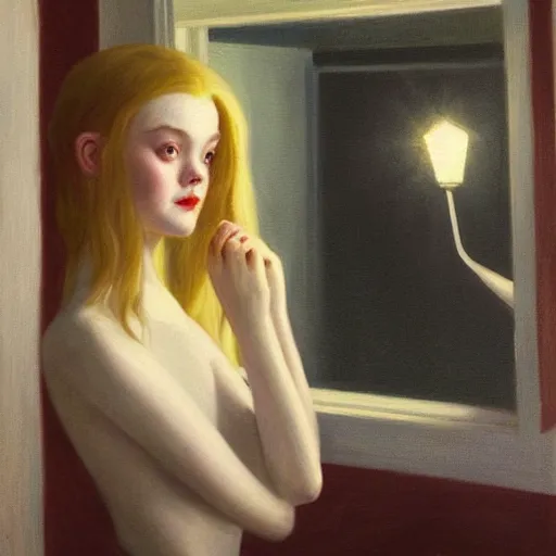 Prompt: Painting of Elle Fanning shining a flashlight, long blonde hair, delicate, pale milky white porcelain skin, very dark night, by Edward Hopper. 8K. Extremely detailed.