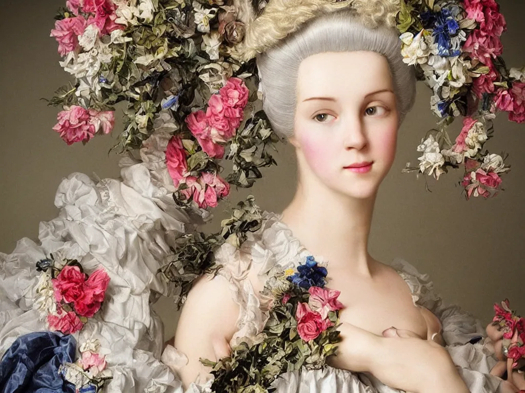 Image similar to robotic mechanic marie antoinette beautiful young woman with baroque wig with flowers,