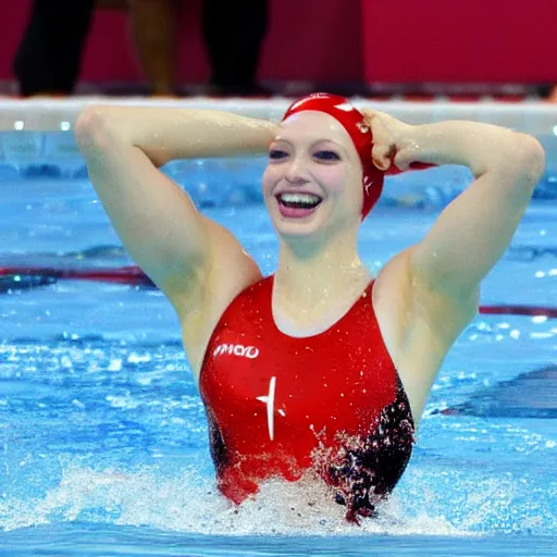 Image similar to christina hendricks as olympic swimmer wining gold medal,