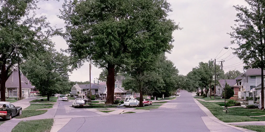 Image similar to a 90s photograph of a american suburban street at afternoon