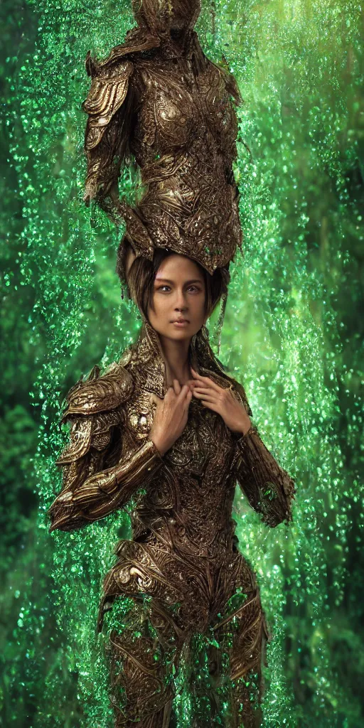 Image similar to full shot of a regal brown woman wearing an intricate and detailed armor made of dew drops. woman is standing in a lush green forest. multiple layers. reflections. morning dew. textures. delicate. translucent. extremely coherent. studio portrait. photorealistic. octane render