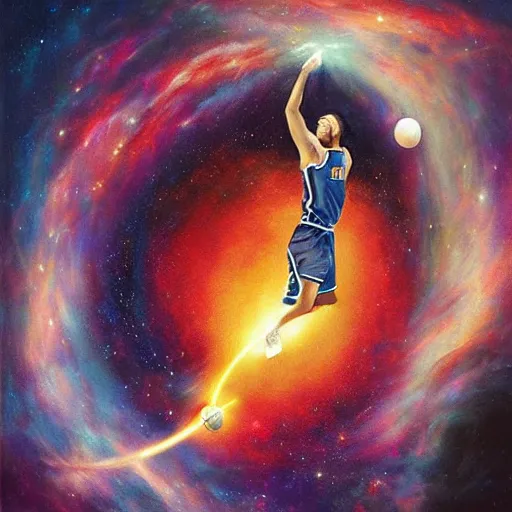 Image similar to cosmic basketball player dunking a basketball hoop in a nebula, an oil painting, by ( leonardo da vinci ) and greg rutkowski and rafal olbinski and ross tran, award - winning magazine cover