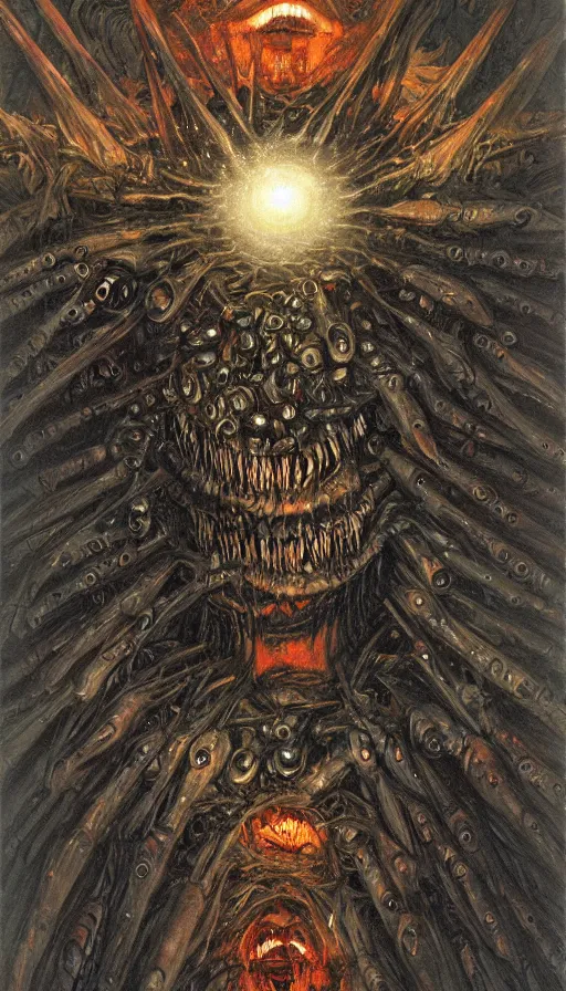 Image similar to a storm vortex made of many demonic eyes and teeth, by james gurney