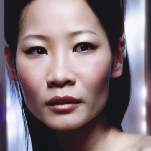 Image similar to photo of young Lucy Liu, close up, with a cyberpunk bionic right eye with led lights, robotic implants over face with small led lights, white background, fine art photography in the style of Bill Henson