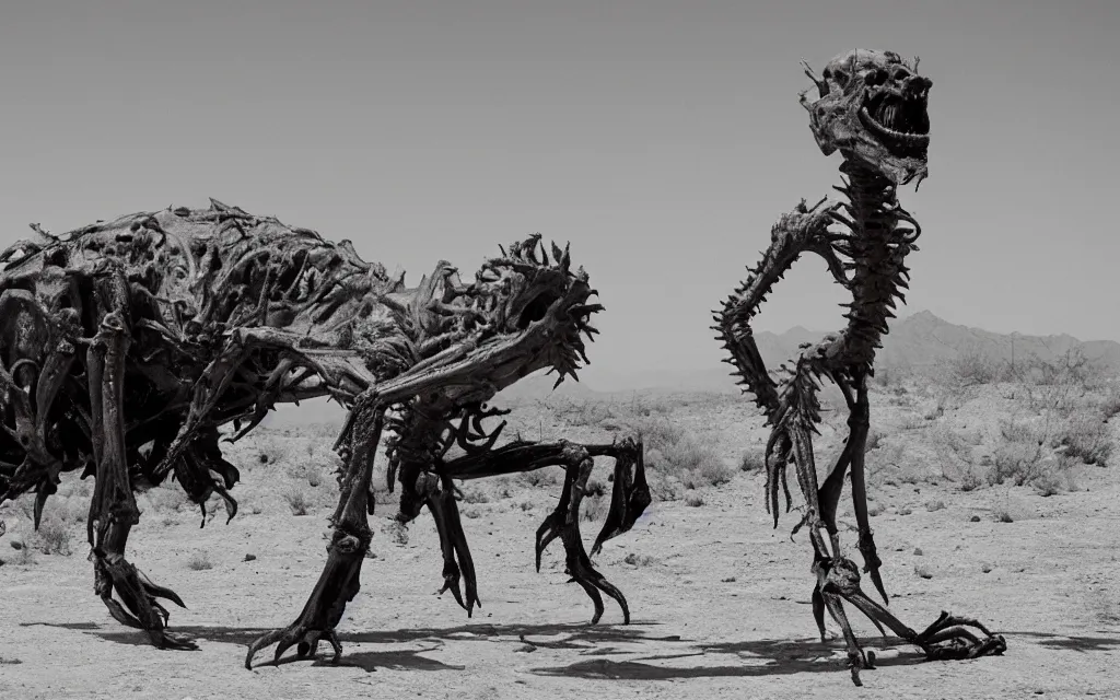 Image similar to in the desert a bloody gross horrifying The Thing creature made of muscle and bone and blood stares at the camera, eating, it walks on two legs, mid day, 35mm photography, realistic,