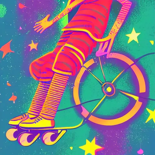 Prompt: vibrant illustration of a skater boy, cosmic art, design graphics, memphis, old school, colors and shapes, vintage