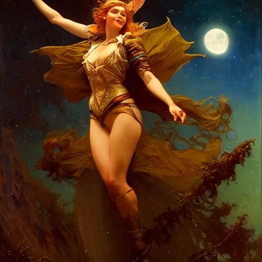 Image similar to attractive witch magically flying trough the night, fantasy, full moon in background. highly detailed painting by gaston bussiere, craig mullins, j. c. leyendecker 8 k