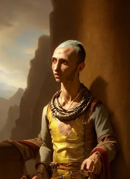 Prompt: a beautiful closeup shot from a fantasy film of a humanoid genet wearing a loose tunic. an anthropomorphic genet. portrait. joseph ducreux, greg rutkowski.