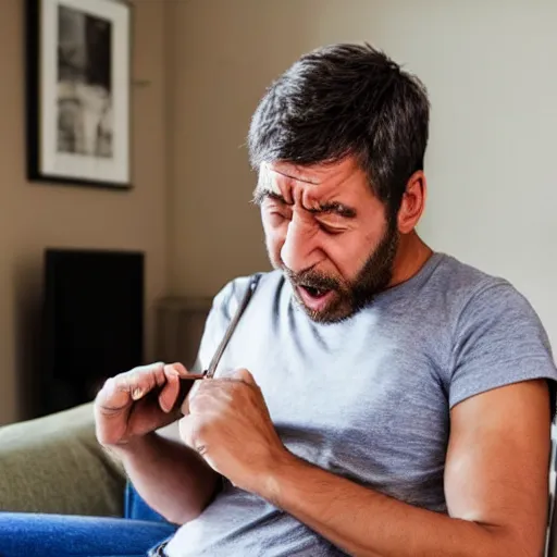 Prompt: a crying man, using his index finger as a shoehorn, in a living room