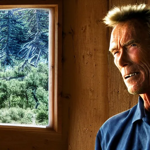 Prompt: clint eastwood peaks out of the window of an outdoor hut, realistic, hdr, hdd ; 8 k, movie still,